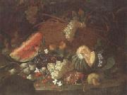 unknow artist Still life of a watermelon,red and white grapes,figs,cherries,mushrooms,a melon,and a basket with vine-leaves,upon a ledge oil on canvas